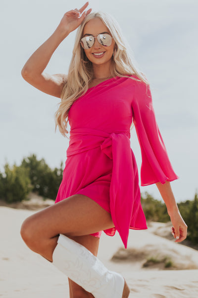 Hot Pink One Shoulder Waist Tie Woven Romper