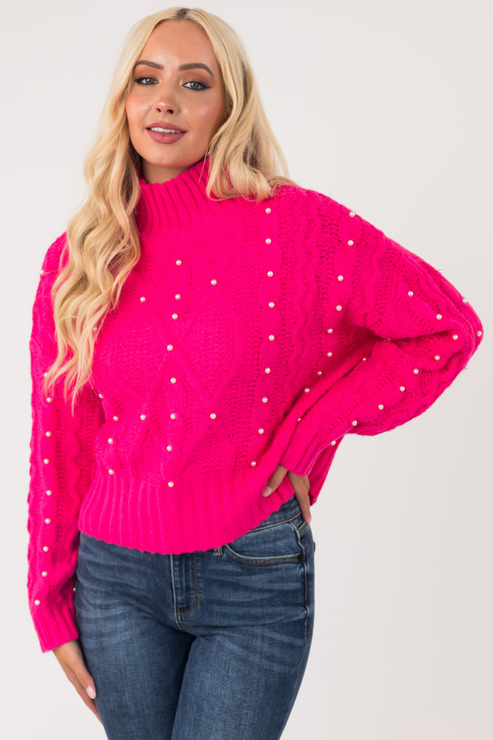 Hot Pink Pearl Embellished Cable Knit Sweater