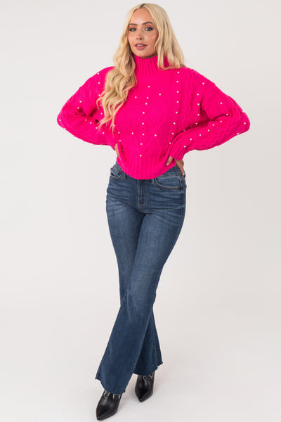 Hot Pink Pearl Embellished Cable Knit Sweater
