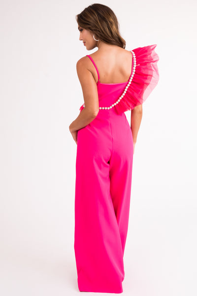 Hot Pink Pearl Trim Sleeveless Jumpsuit