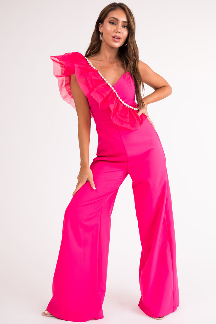 Hot Pink Pearl Trim Sleeveless Jumpsuit