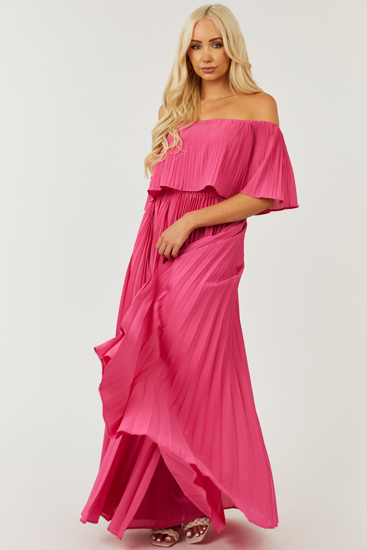 Hot Pink Pleated Off the Shoulder Maxi Dress