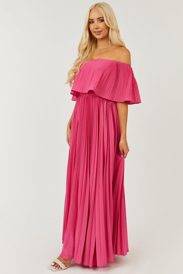 Hot Pink Pleated Off the Shoulder Maxi Dress