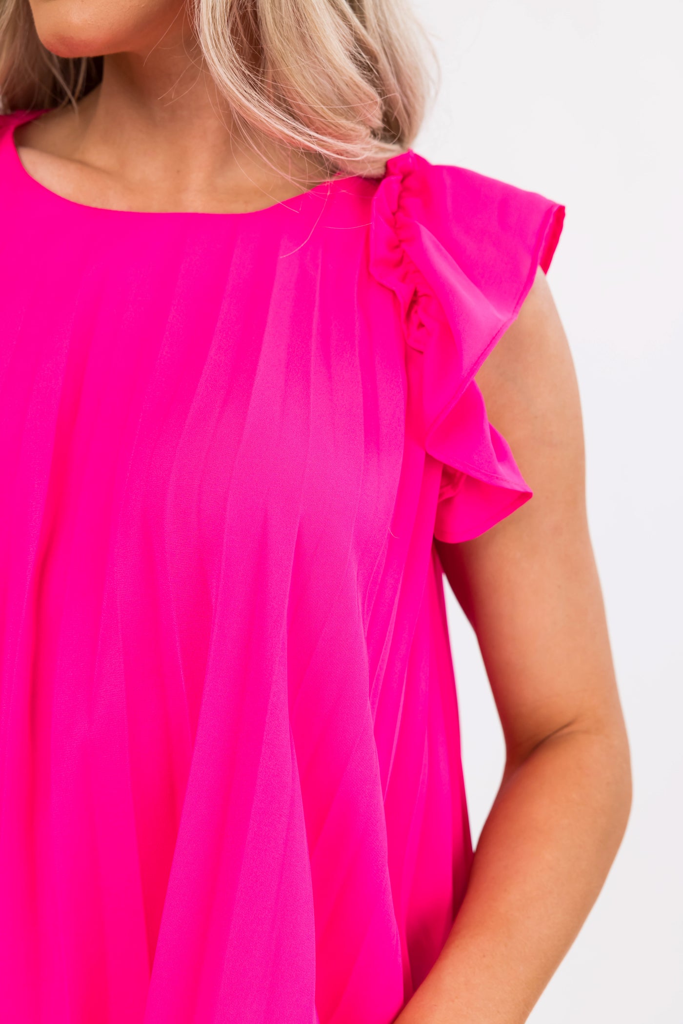 Hot Pink Pleated Ruffle Short Sleeve Woven Top