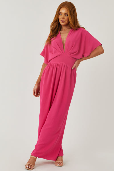 Hot Pink Plunging Neck Kimono Sleeve Woven Jumpsuit