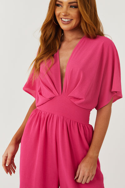 Hot Pink Plunging Neck Kimono Sleeve Woven Jumpsuit