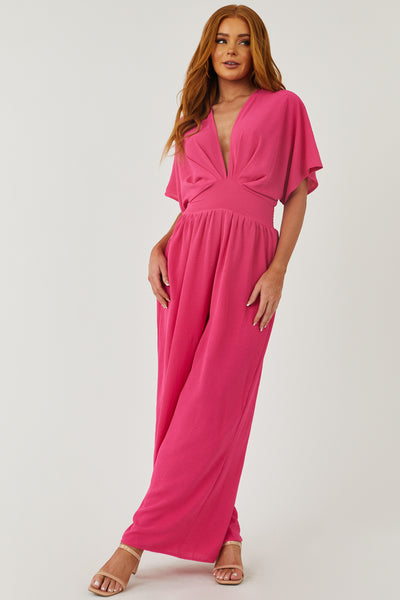 Hot Pink Plunging Neck Kimono Sleeve Woven Jumpsuit