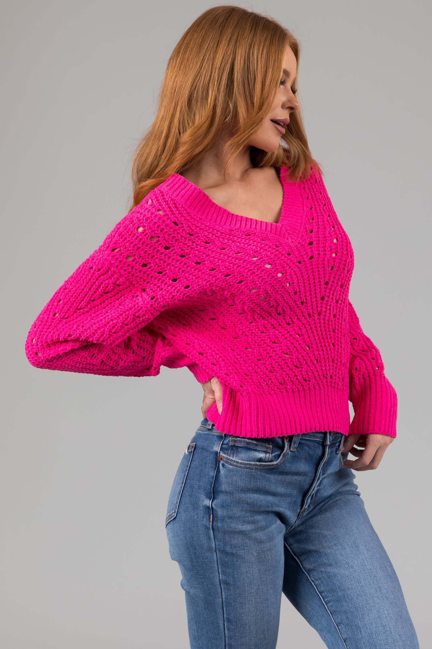 Hot Pink Pointelle Cut Out Chenille Sweater