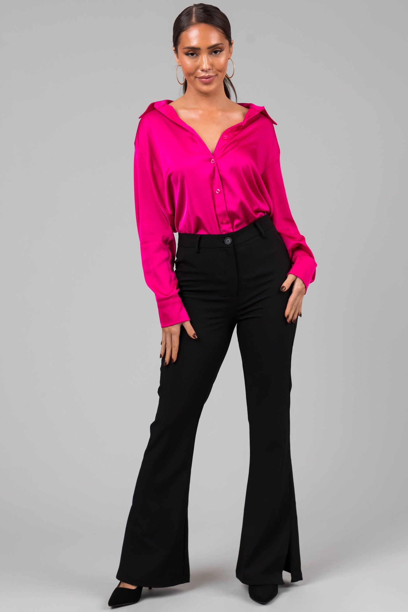 Hot Pink Satin Button Front Collared Shirt