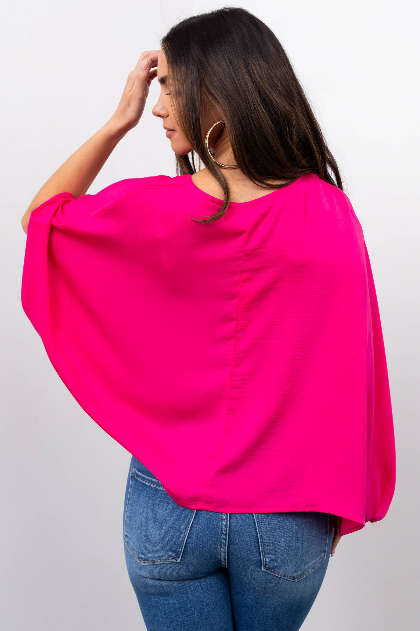 Hot Pink Satin Kimono Sleeve V Neck Crop Top