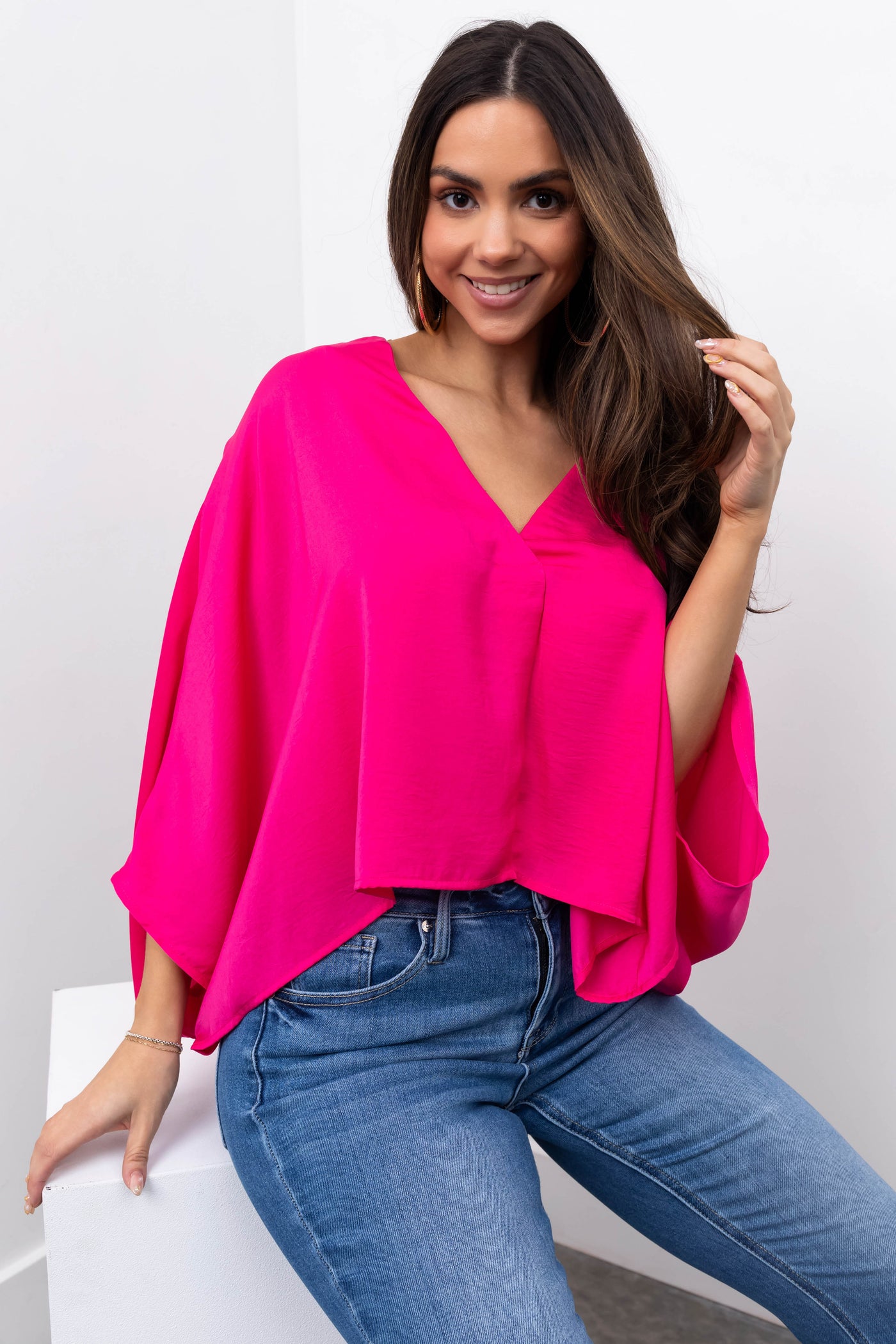 Hot Pink Satin Kimono Sleeve V Neck Crop Top