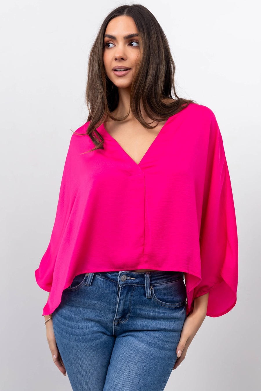 Hot Pink Satin Kimono Sleeve V Neck Crop Top