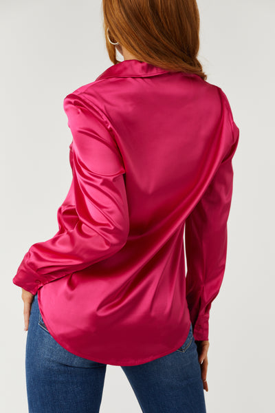 Hot Pink Satin V Neck Button Down Blouse