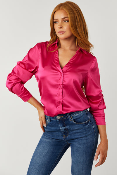 Hot Pink Satin V Neck Button Down Blouse