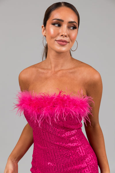Hot Pink Sequin Feather Strapless Mini Dress