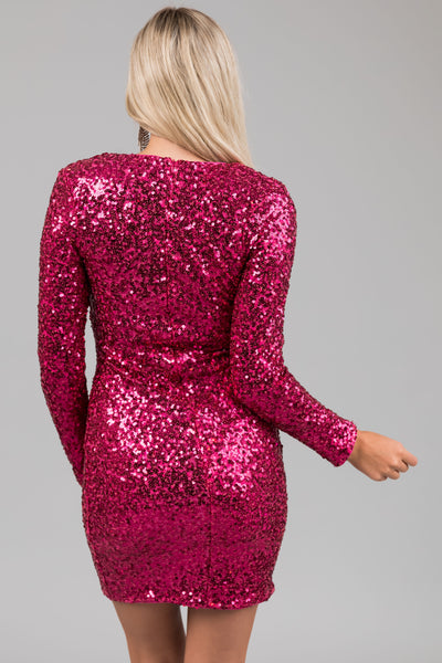 Hot Pink Sequin Long Sleeve Short Dress
