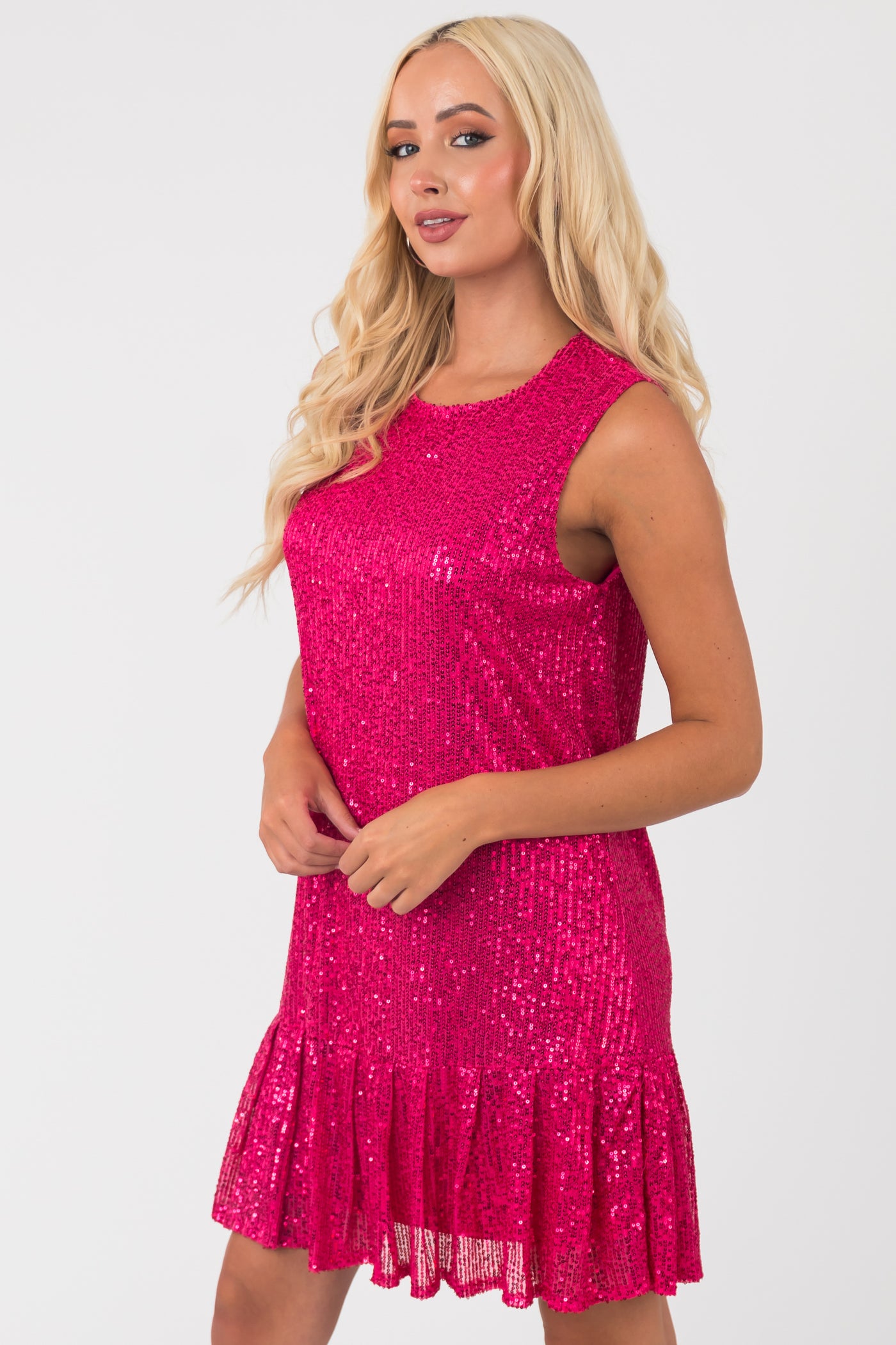 Hot Pink Sequin Ruffle Hem Sleeveless Dress