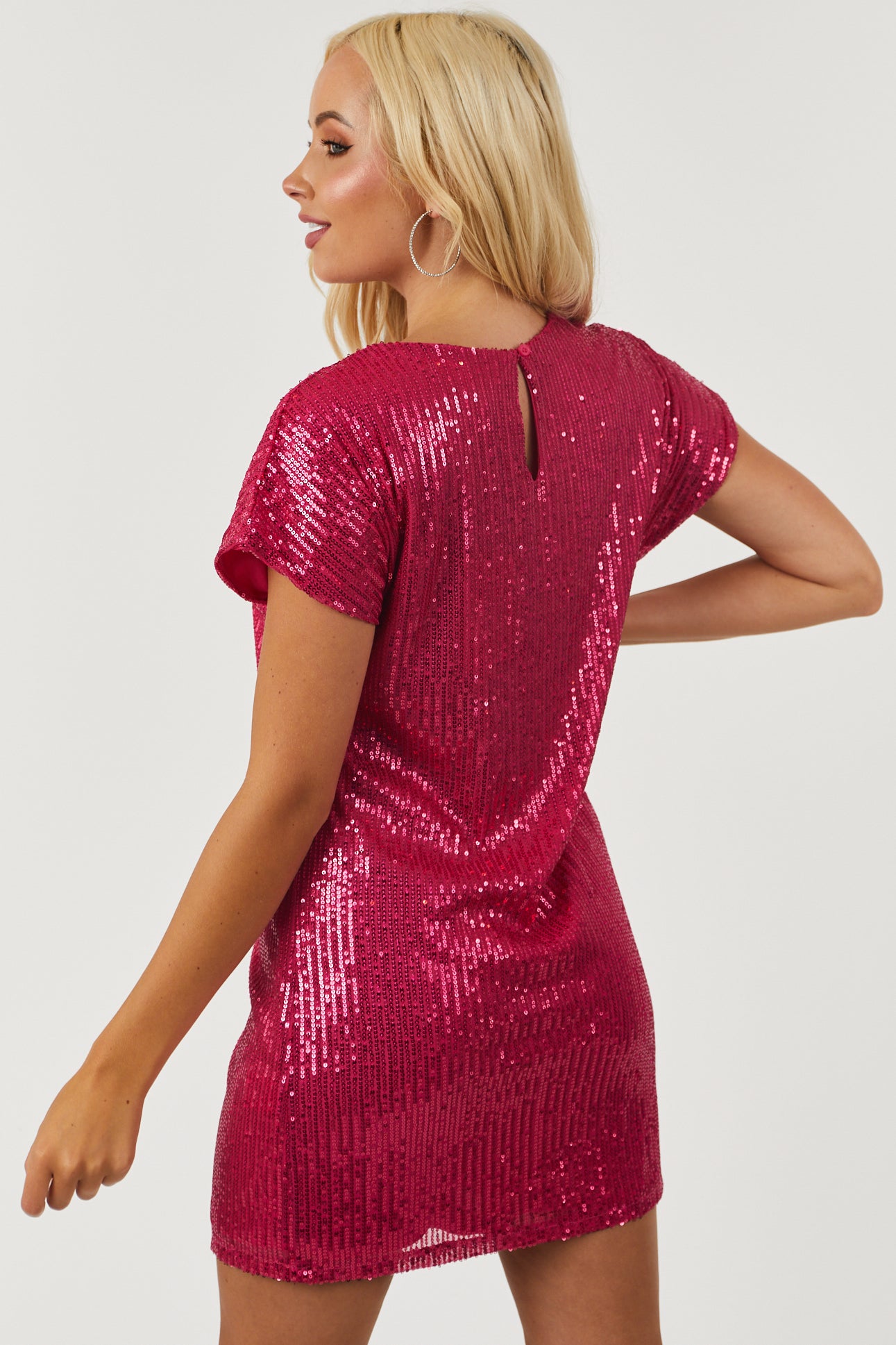Hot Pink Short Sleeve Sequin Knit Mini Dress