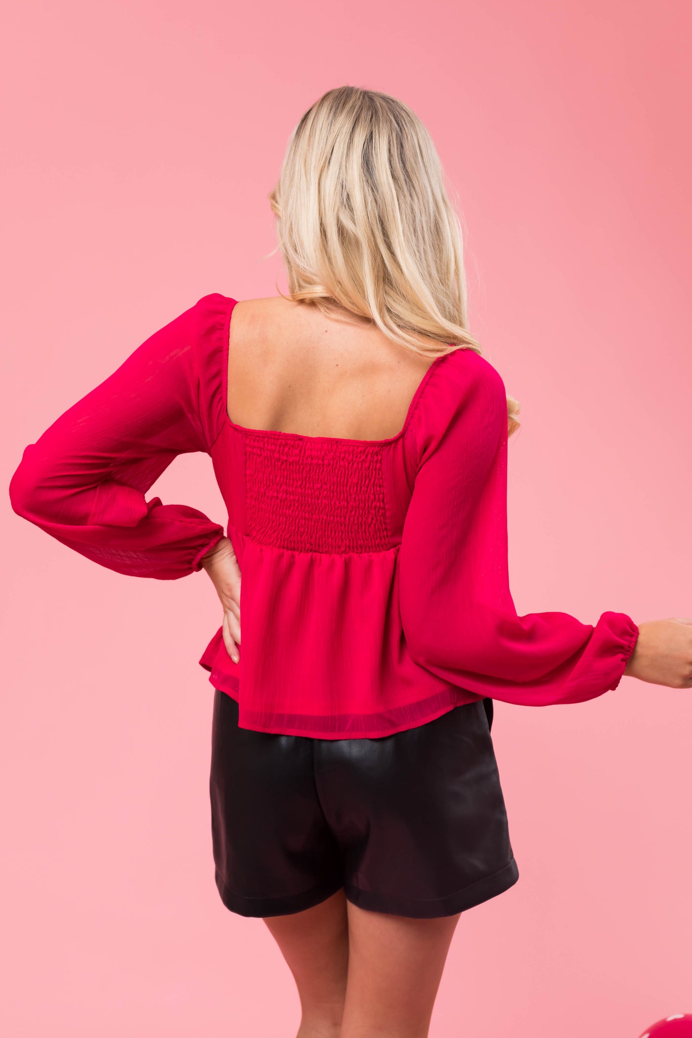 Hot Pink Solid Babydoll Bubble Sleeve Blouse