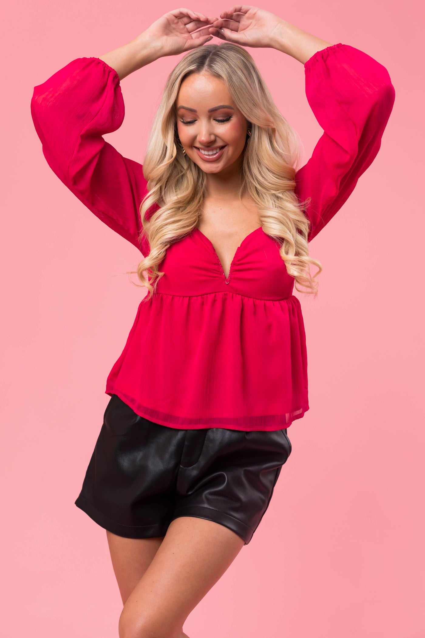 Hot Pink Solid Babydoll Bubble Sleeve Blouse