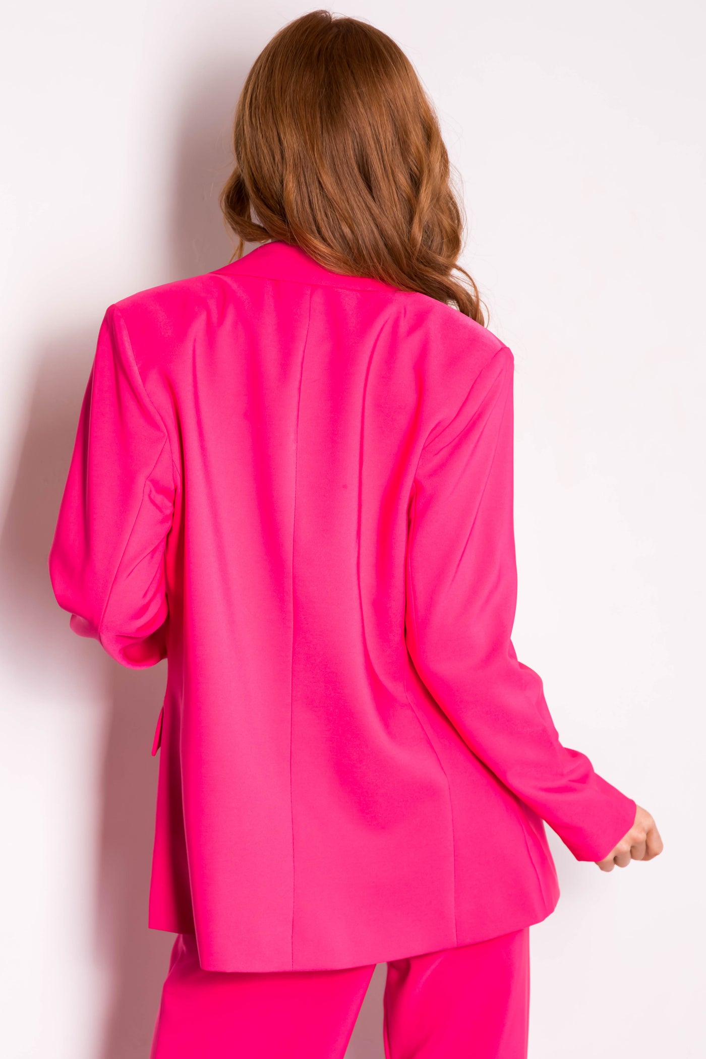 Hot Pink Solid Double Button Long Blazer