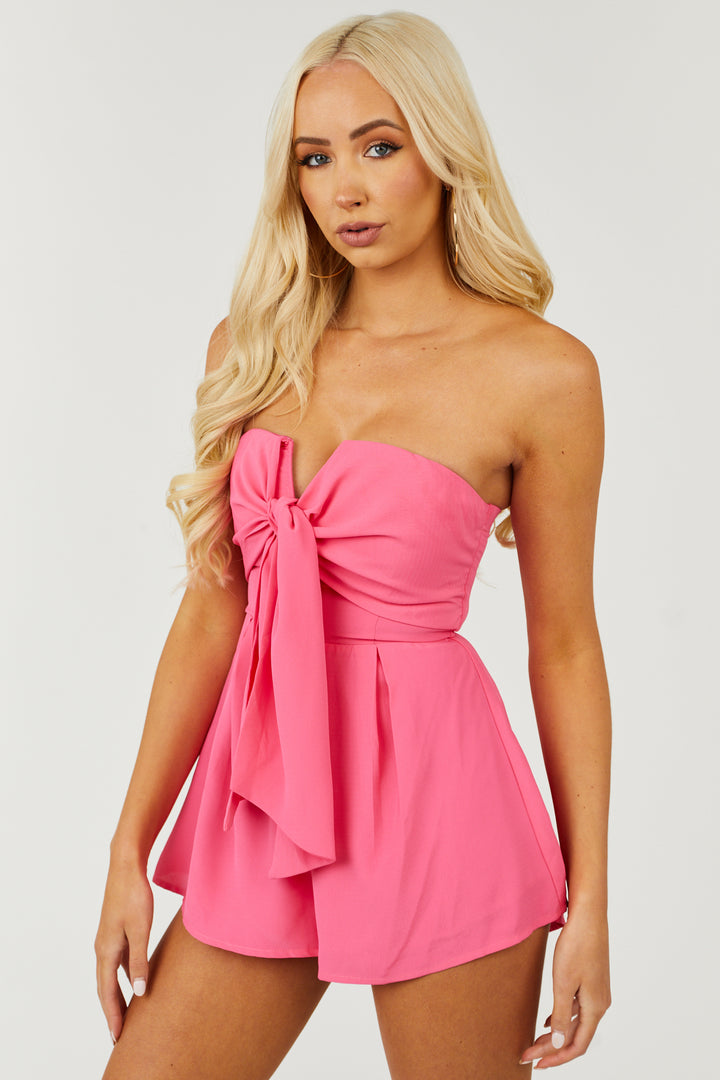 Hot Pink Strapless Romper with Tie Front