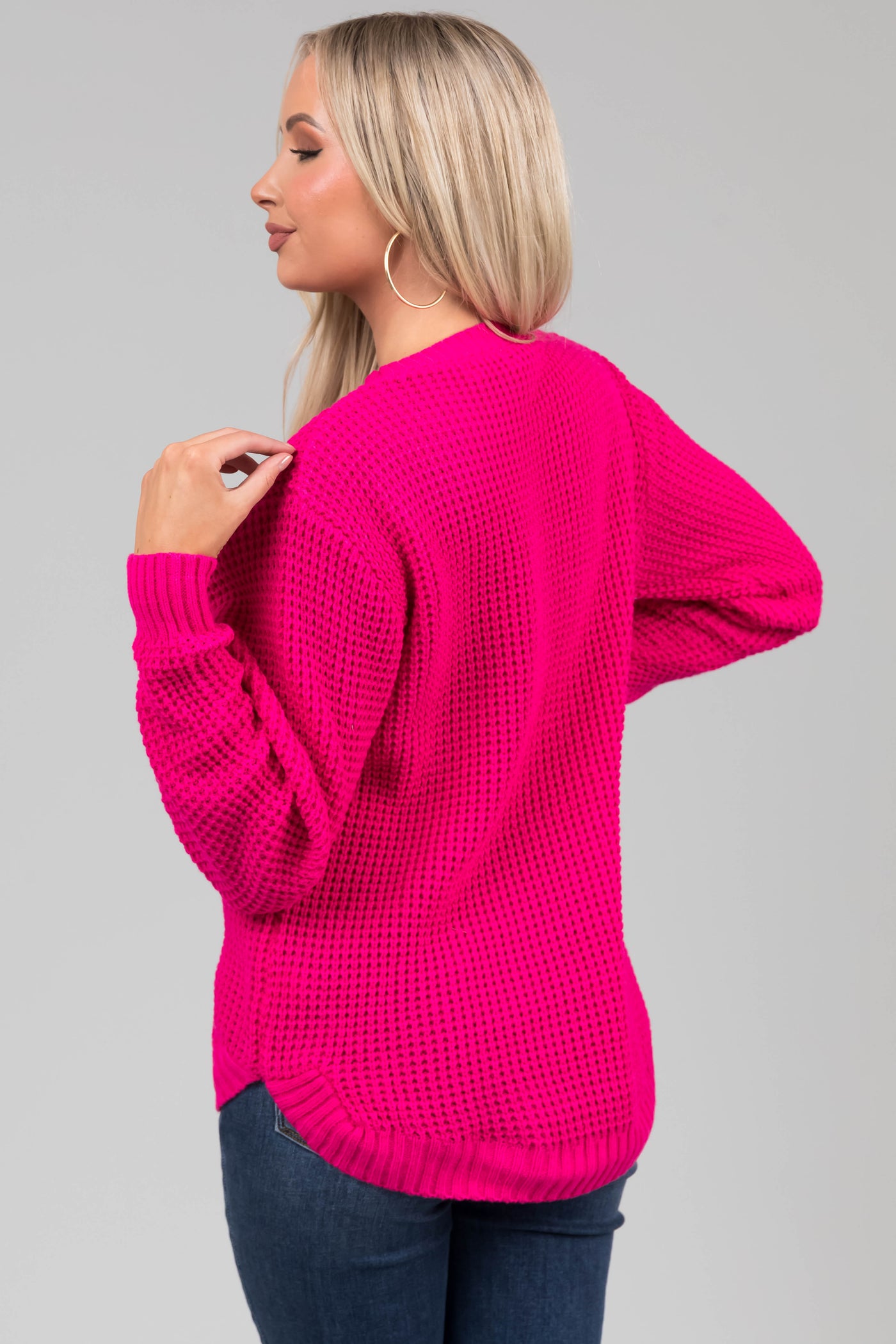 Hot Pink Thick Waffle Knit Curved Hem Sweater