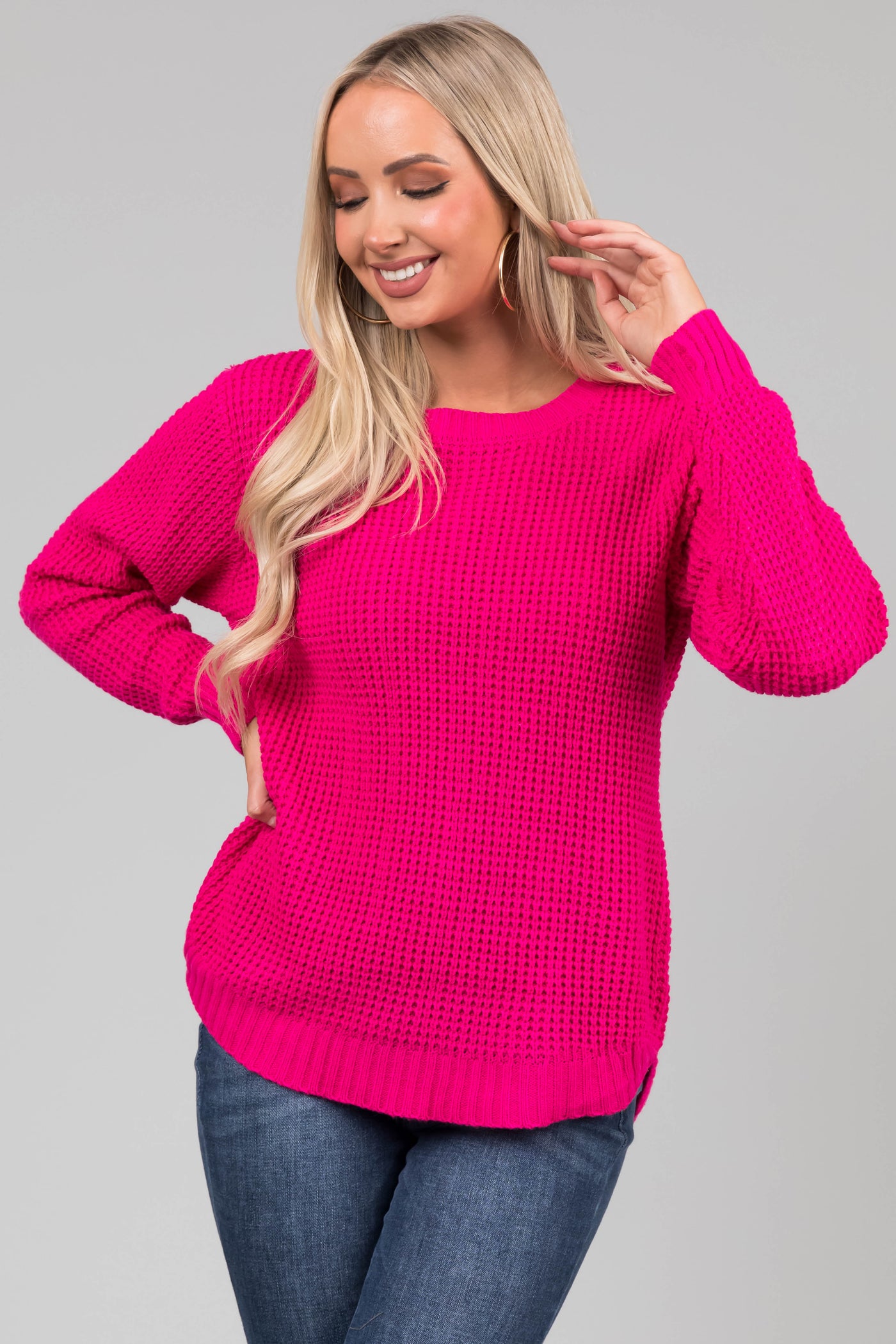 Hot Pink Thick Waffle Knit Curved Hem Sweater