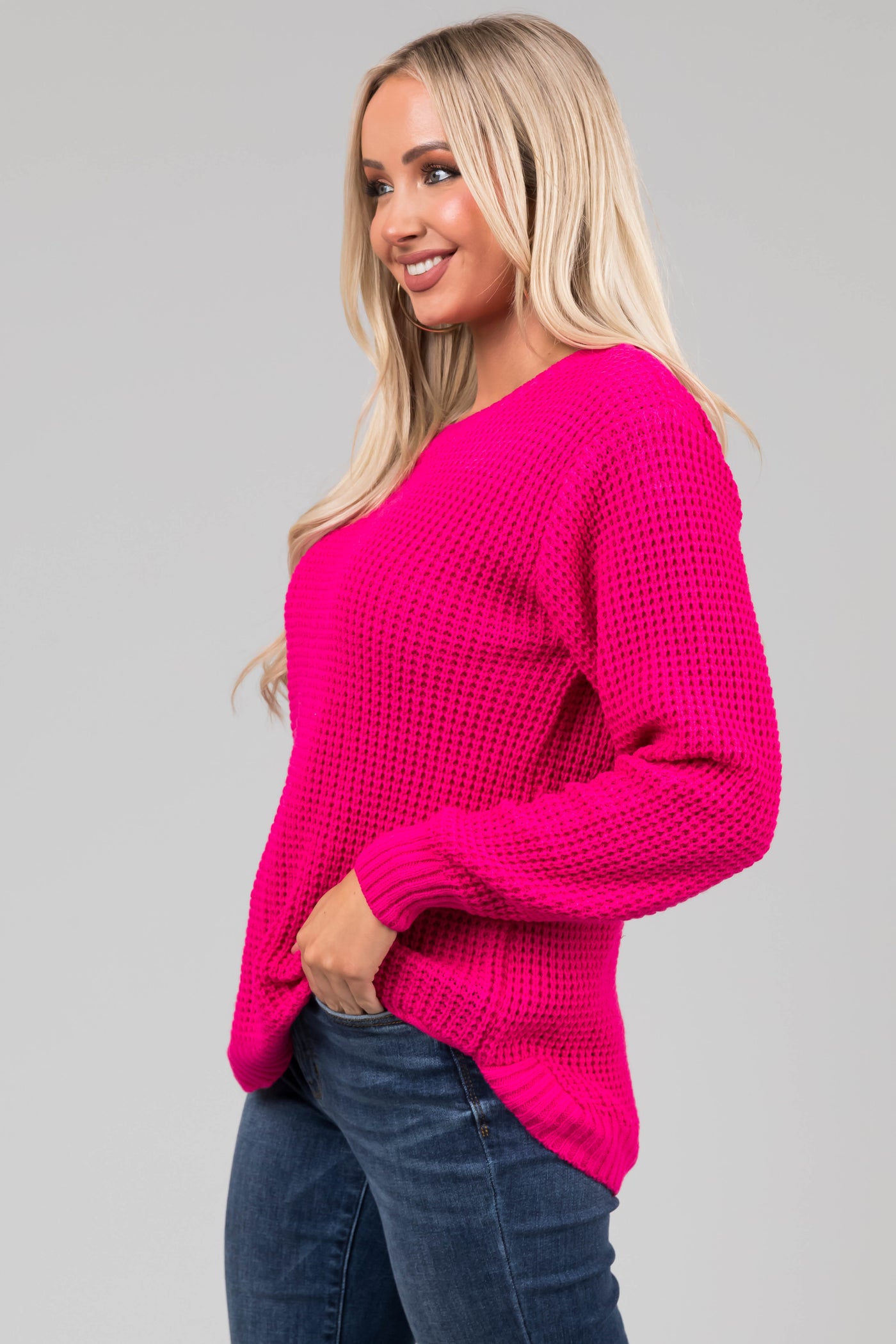 Hot Pink Thick Waffle Knit Curved Hem Sweater