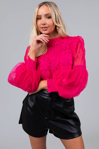 Hot Pink Tulle Puff Sleeve Crochet Lace Crop Top - S