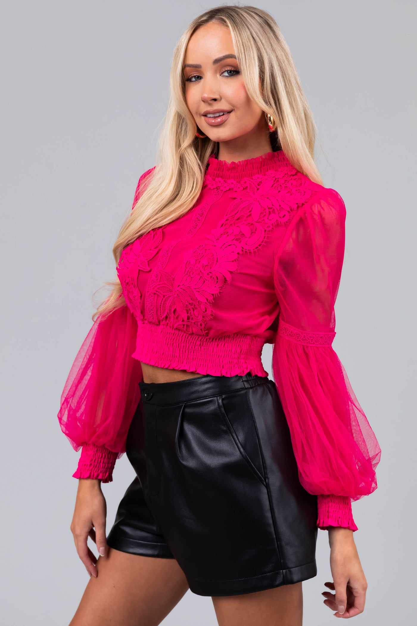 Hot Pink Tulle Puff Sleeve Crochet Lace Crop Top
