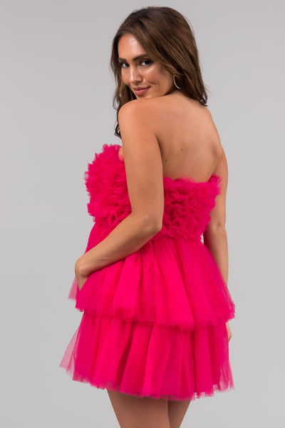 Hot Pink Tulle Strapless Ruffle Mini Dress