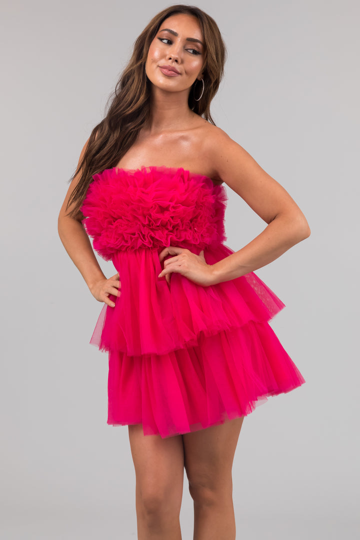 Hot Pink Tulle Strapless Ruffle Mini Dress