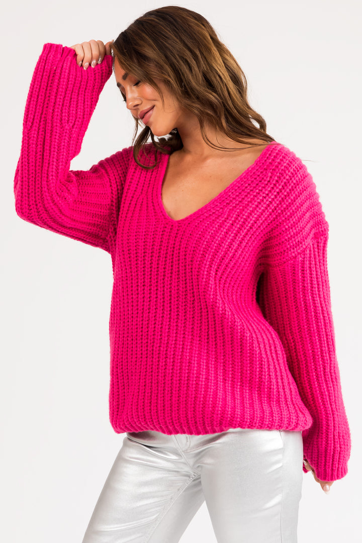 Hot Pink V Neck Cozy Thick Knit Sweater