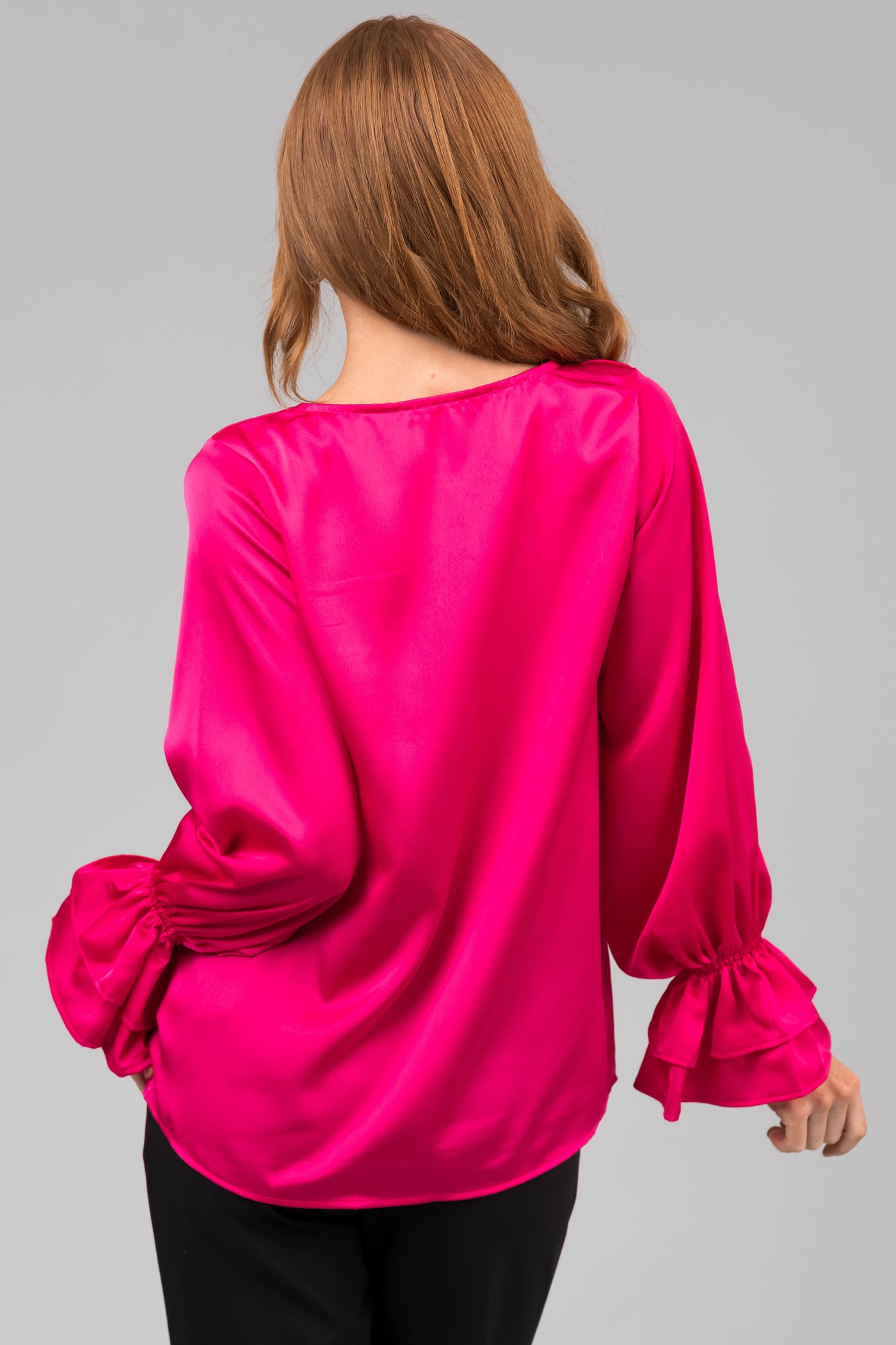 Hot Pink V Neck Ruffle Cuff Satin Blouse