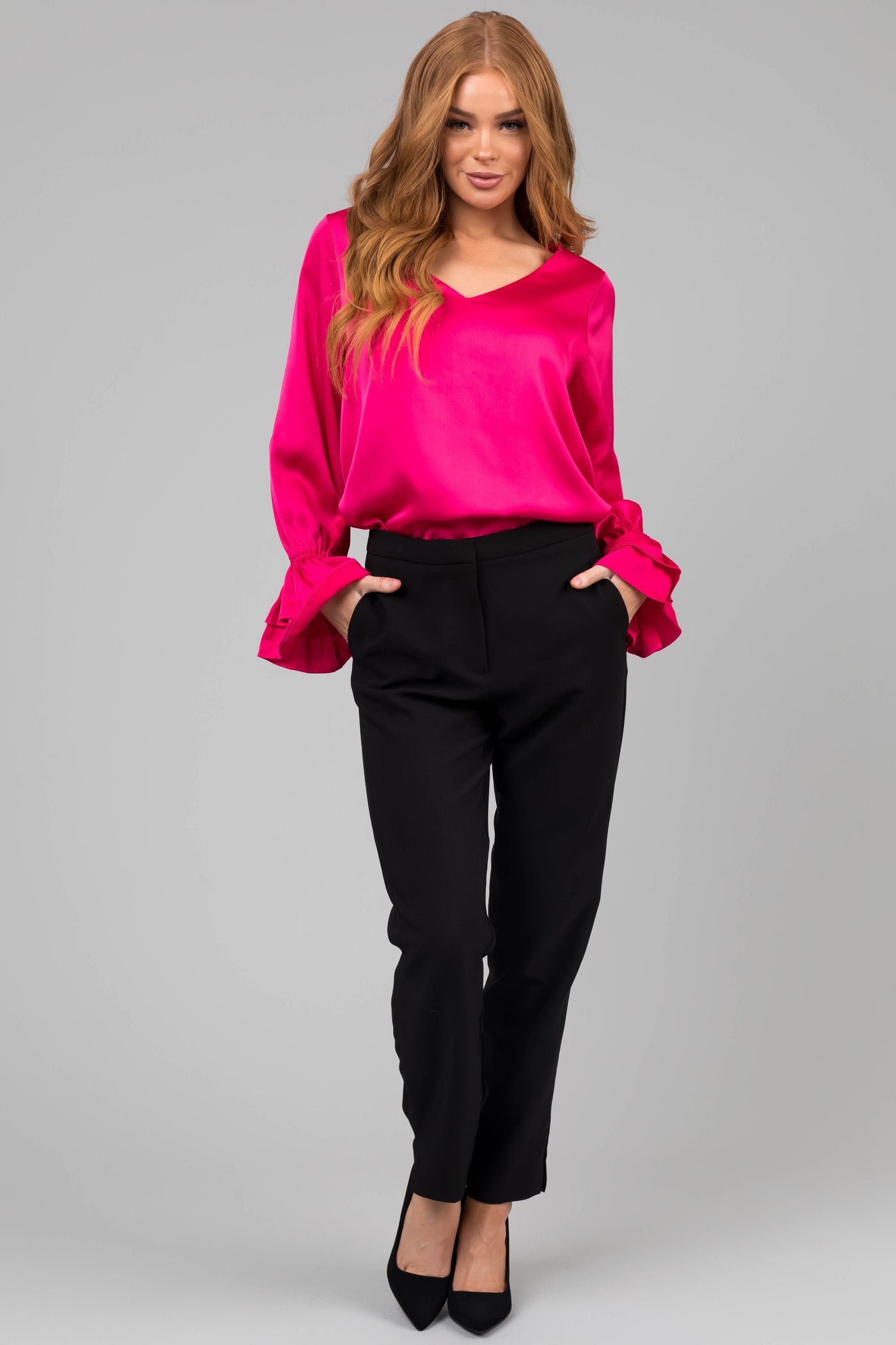 Hot Pink V Neck Ruffle Cuff Satin Blouse