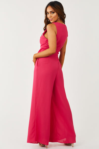 Hot Pink Wide Leg Waist Tie Jumpsuit