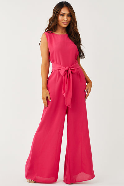 Hot Pink Wide Leg Waist Tie Jumpsuit
