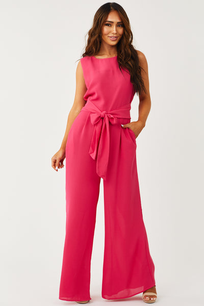 Hot Pink Wide Leg Waist Tie Jumpsuit