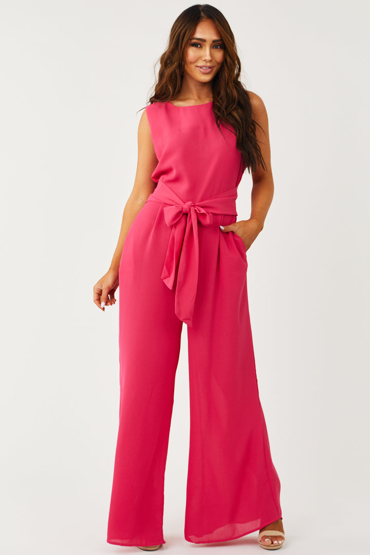 Hot Pink Wide Leg Waist Tie Jumpsuit