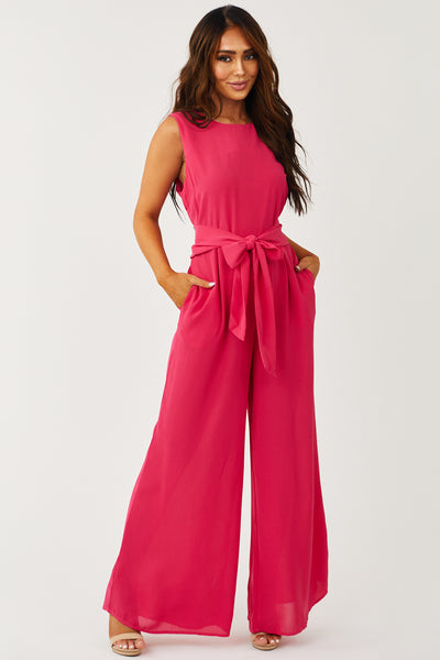 Hot Pink Wide Leg Waist Tie Jumpsuit