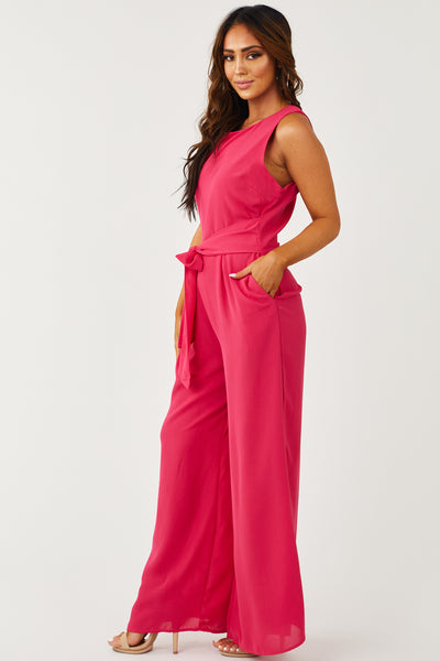 Hot Pink Wide Leg Waist Tie Jumpsuit