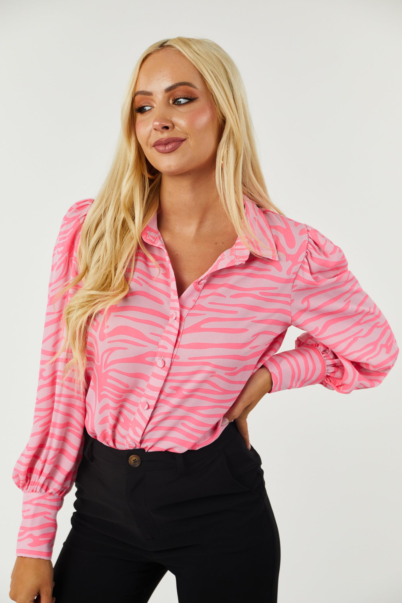 Hot Pink Zebra Print Long Sleeve Button Up Top