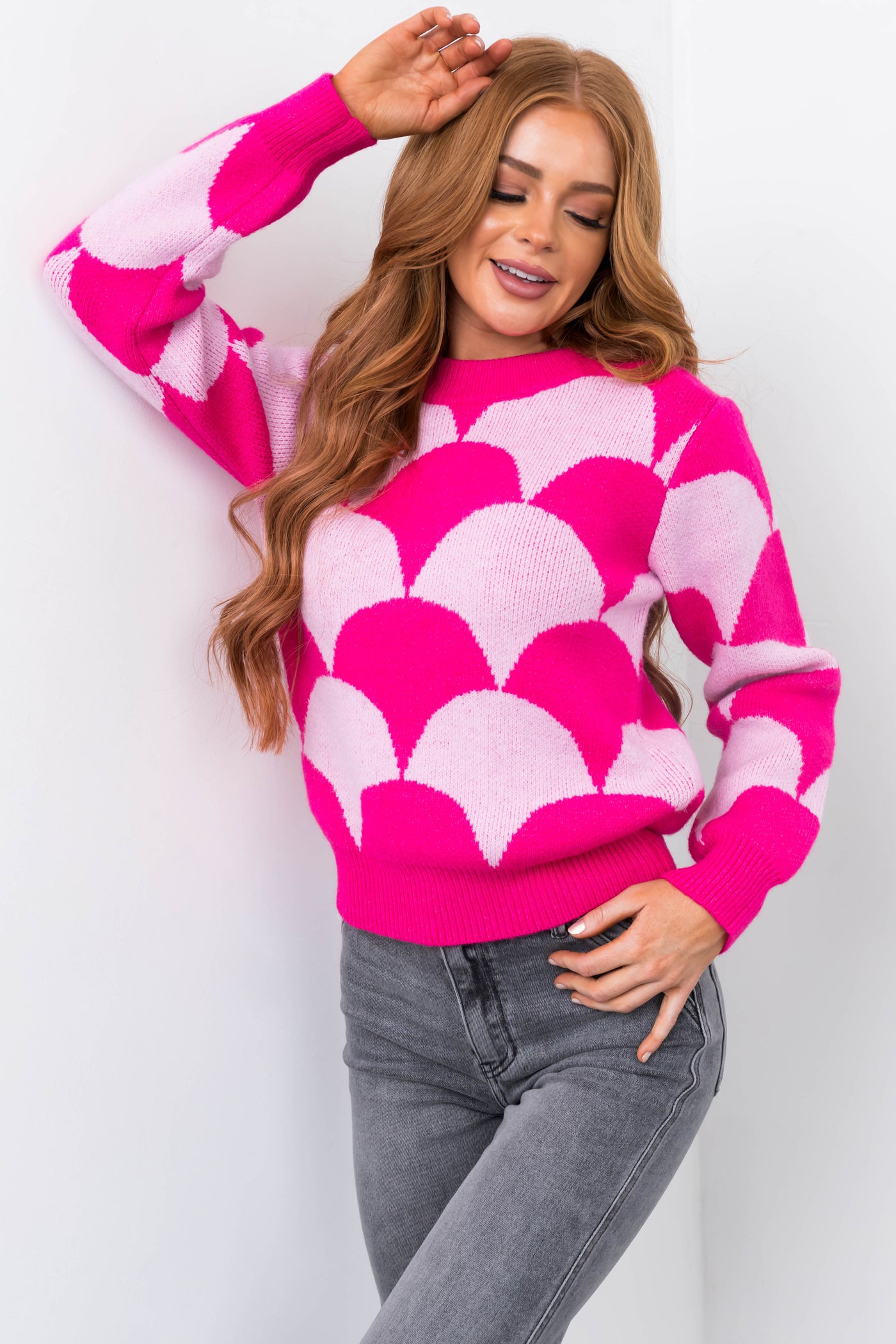 Hot Pink and Blush Scallop Print Knit Sweater