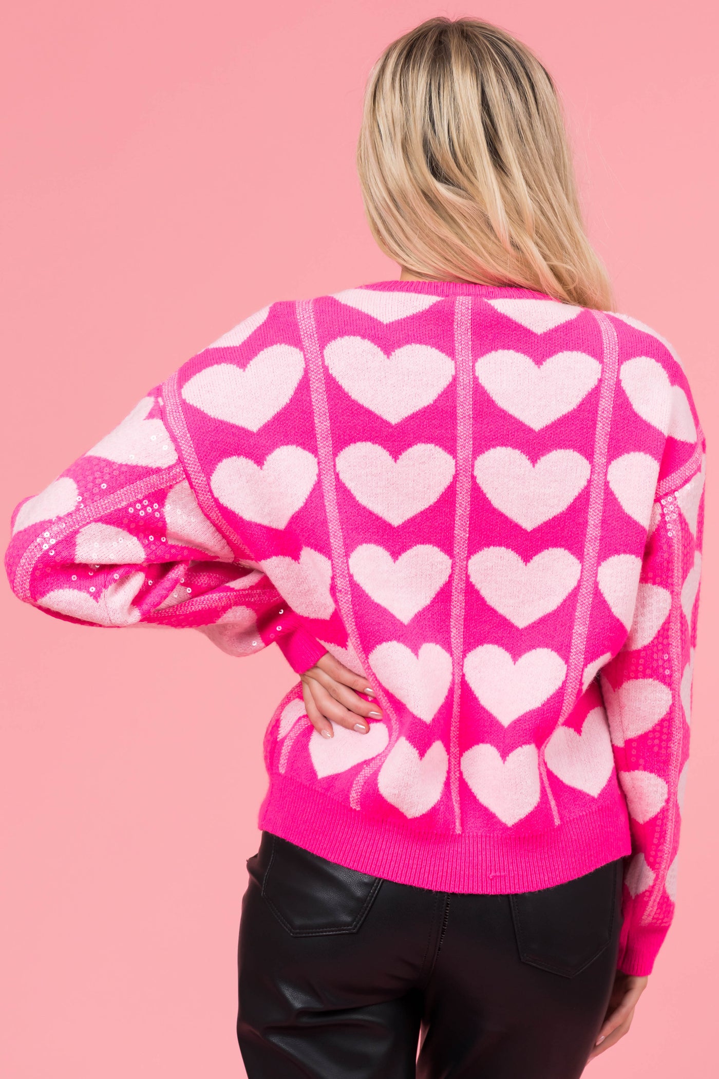 Hot Pink and Blush Sequin Heart Pattern Sweater