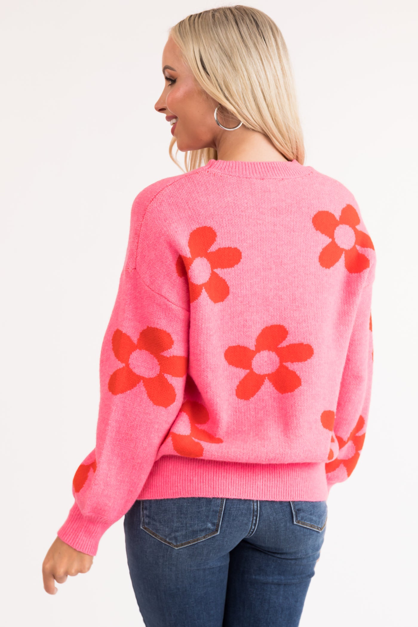 Hot Pink and Fire Floral Print Knit Sweater