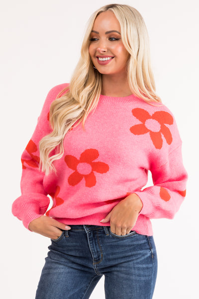 Hot Pink and Fire Floral Print Knit Sweater