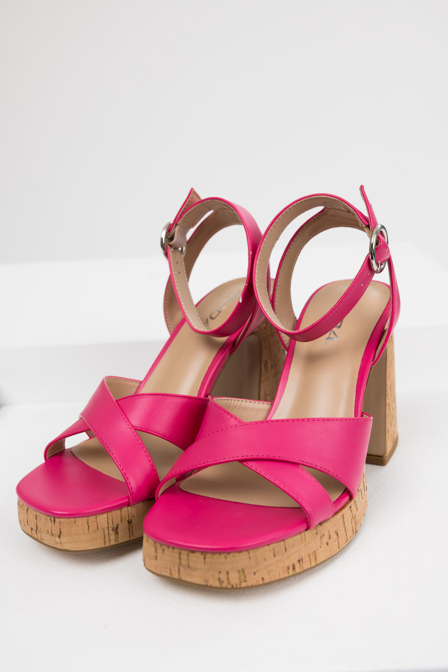 Hot Pink Ankle Strap Cork Platform Heels