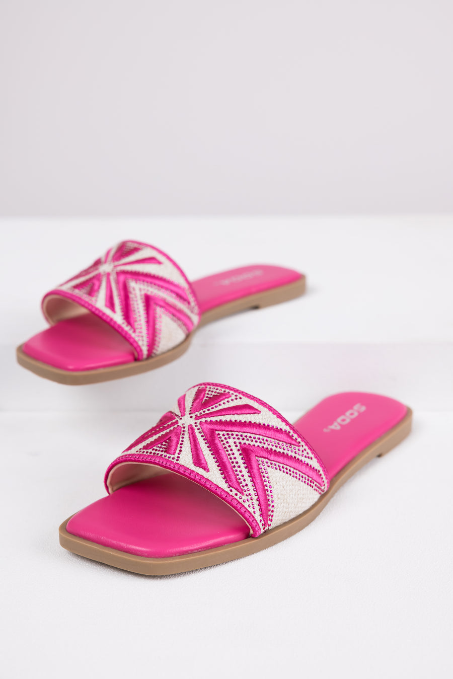 Hot Pink Aztec Band Square Toe Slide Sandals