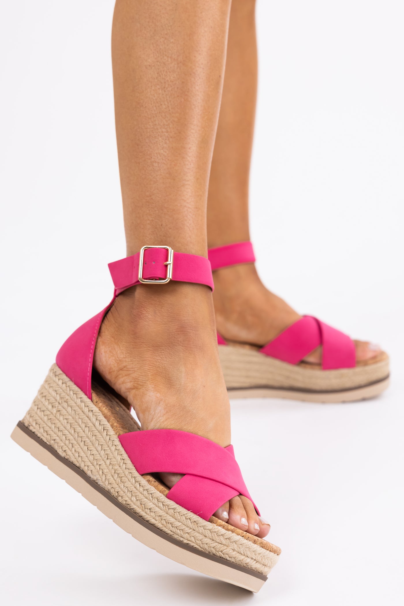 Hot Pink Cross Strap Espadrille Platform Sandals